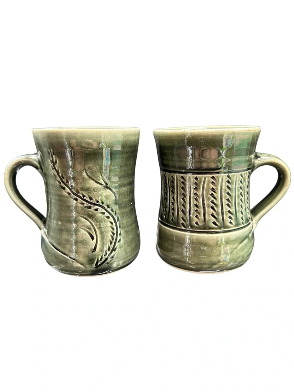 Studio Pottery Mug Green Drip Glaze Stoneware Coffee Cup Signed DTP J